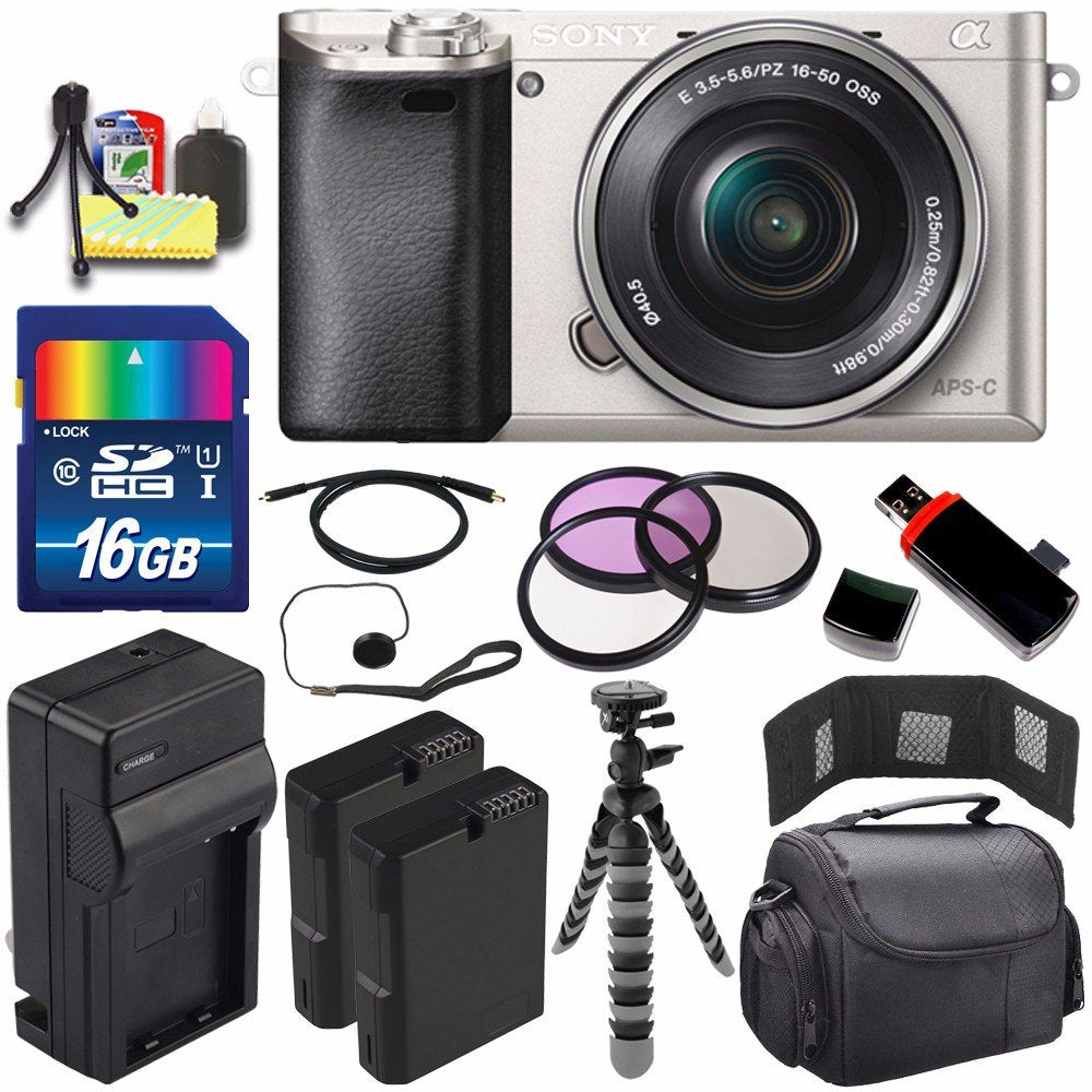 Sony Alpha a6000 Mirrorless Digital Camera with 16-50mm Lens (Silver) + Battery + Charger + 16GB Bundle 4 - International