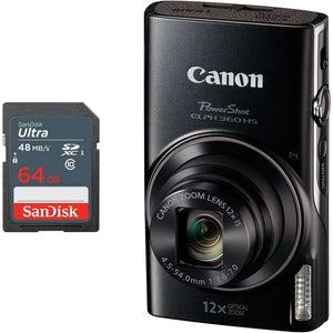 Canon PowerShot ELPH 360 HS Digital Camera + 64GB SD Memory Card Black - Used Canon