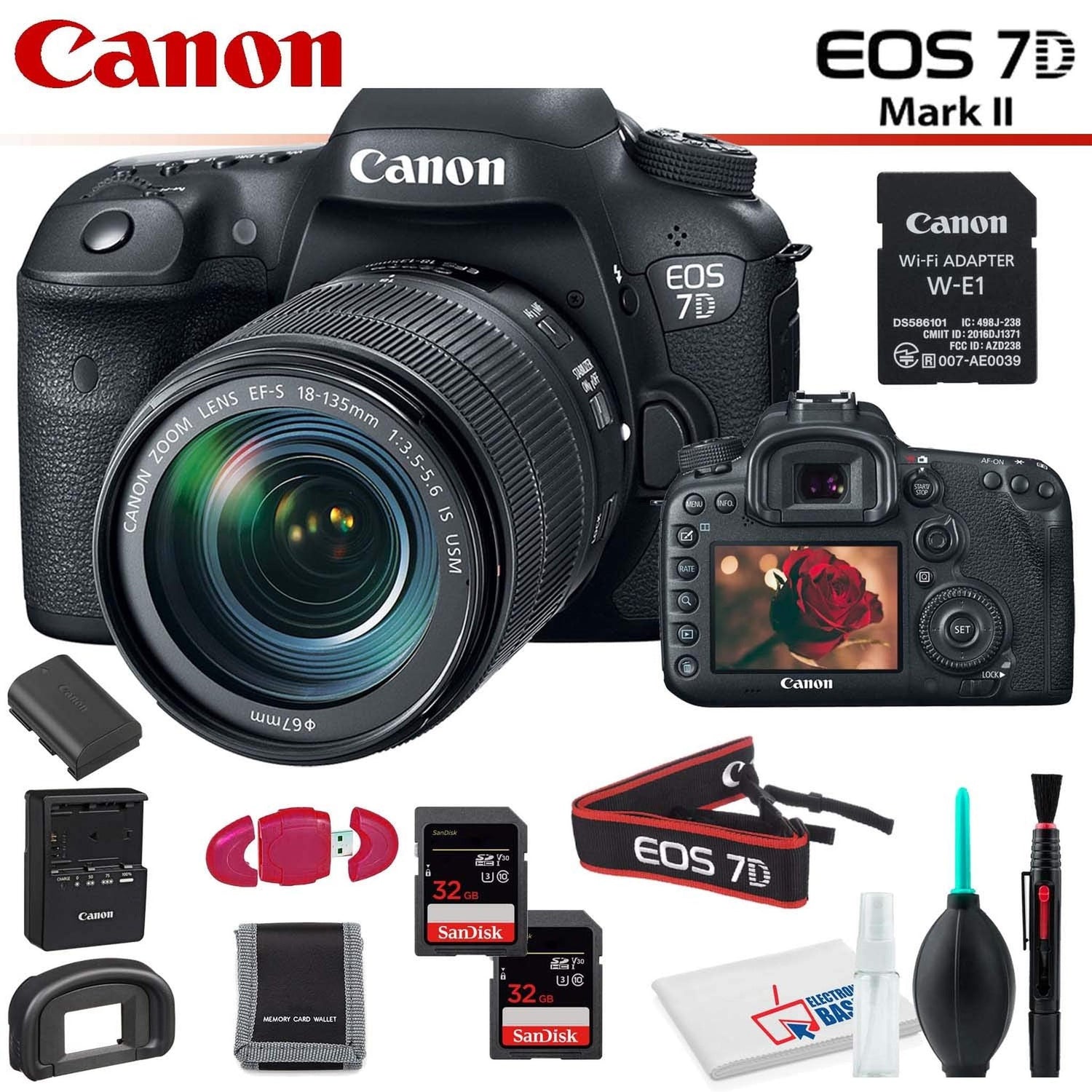 Canon EOS 7D Mark II DSLR Camera (Intl Model) with 18-135mm Lens & W-E1 Wi-Fi Adapter With Memory Card Kit and Cleaning Kit