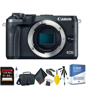 Canon EOS M6 Mirrorless Digital Camera Body Only, Black + 64GB Memory Card + Mega Accessory Kit + 2 Year Accidental Wa Canon