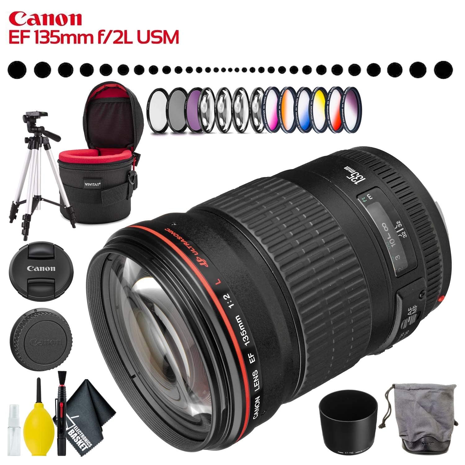 Canon EF 135mm f/2L USM Lens (Intl Model) with Filter Kit, Lens Case,