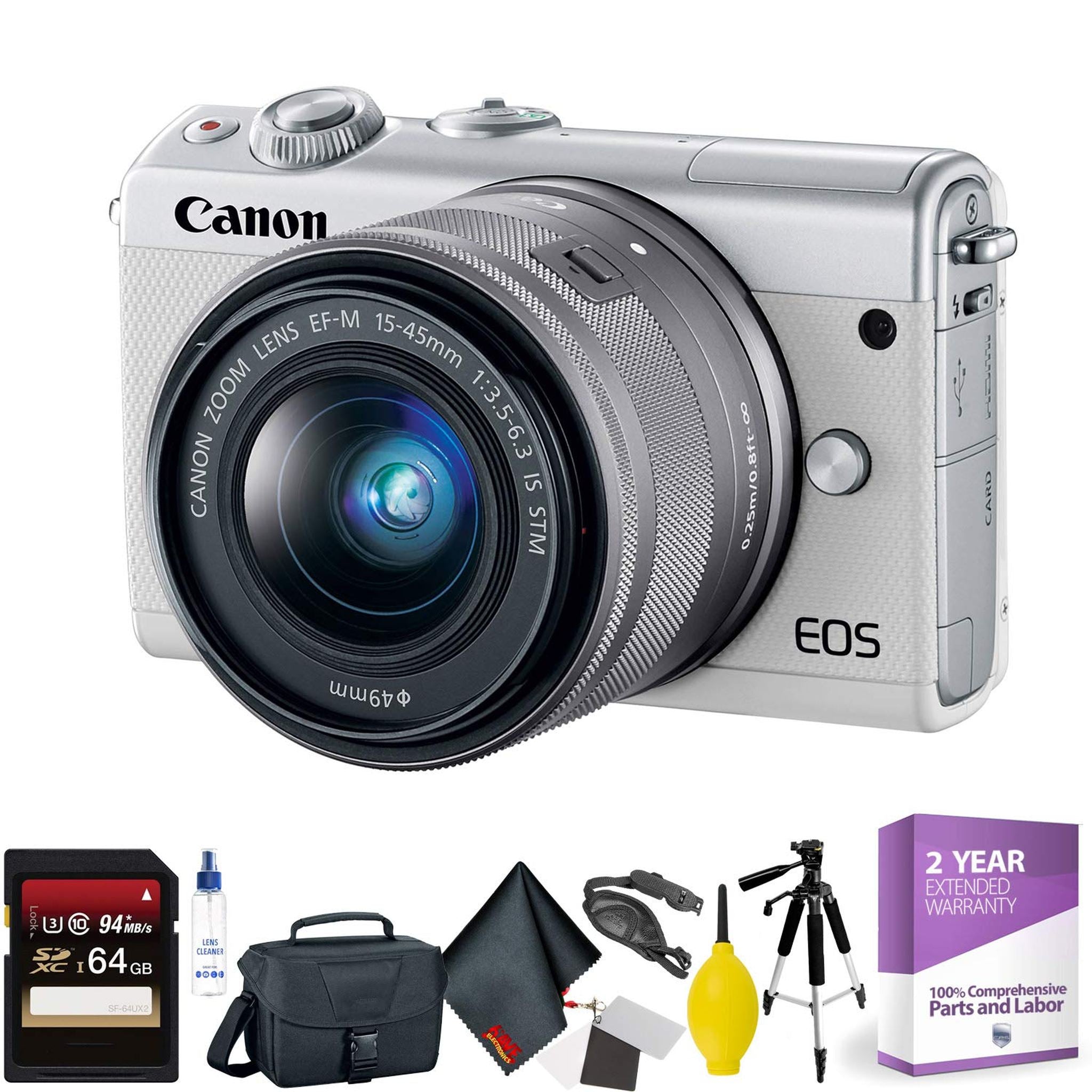 Canon EOS M100 Mirrorless Digital Camera with 15-45mm Lens White + 64GB Memory Card + Mega Accessory Kit + 1 Year Warr