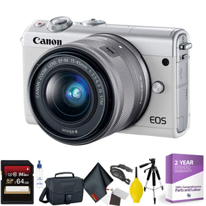 Canon EOS M100 Mirrorless Digital Camera with 15-45mm Lens White + 64GB Memory Card + Mega Accessory Kit + 1 Year Warr