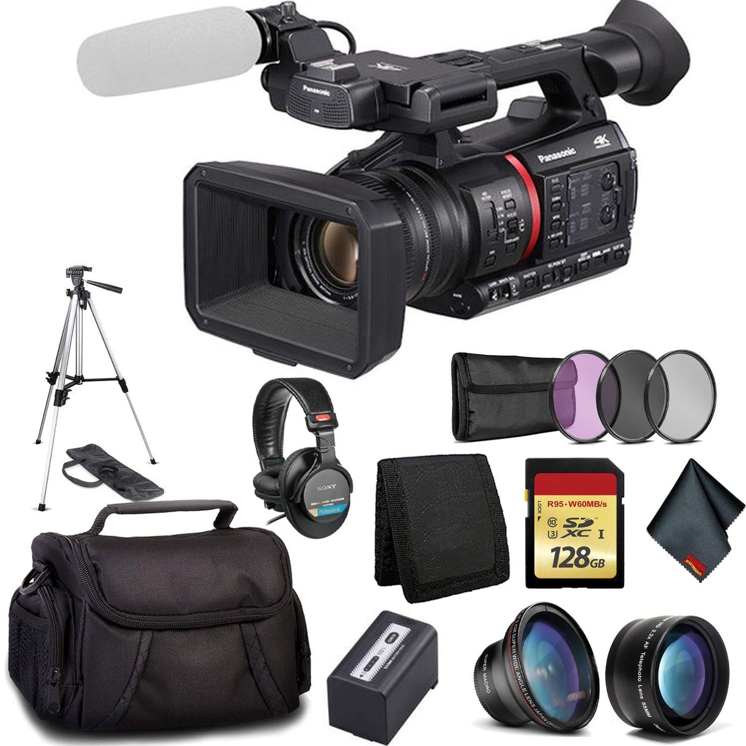 Panasonic AG-CX350 4K Camcorder - Bundle Kit with 128GB Memory Card+ 3 Pc Filter Kit + Wide Angle Lens + Telephoto Lens+