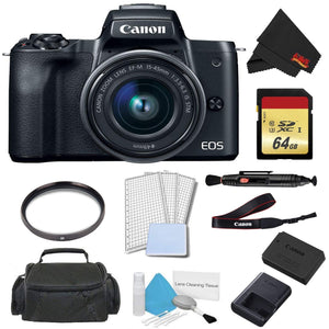 Canon EOS M50 Mirrorless Digital Camera with 15-45mm Lens Black Advanced Bundle w/ 64GB Memory Card - International Mo Canon