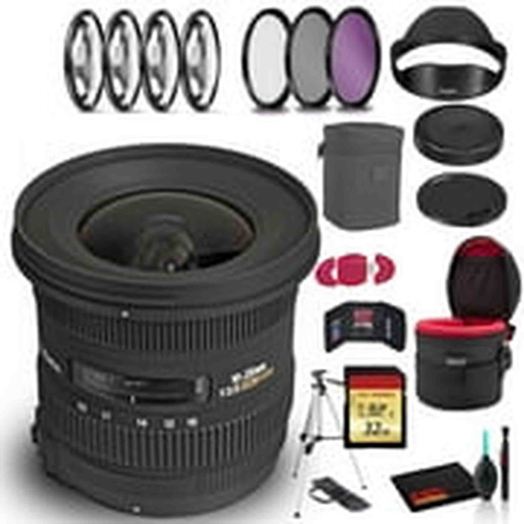 Sigma 10-20mm f/3.5 EX DC HSM Lens for Nikon F with Cleaning Kit, Tripod, 32GB Memory, Filter Kits, and Padded Lens Case Bundle Sigma
