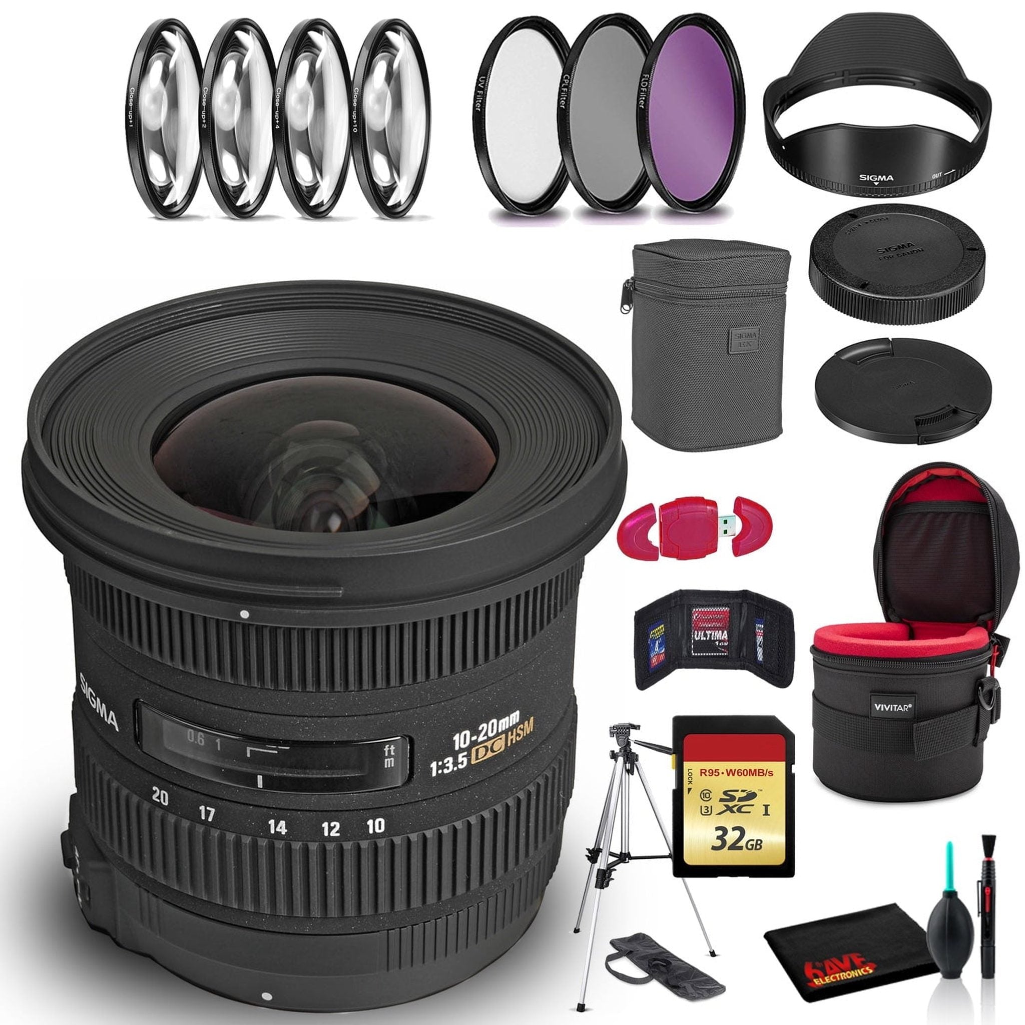 Sigma 10-20mm f/3.5 EX DC HSM Lens for Nikon F with Cleaning Kit, Tripod, 32GB Memory, Filter Kits, and Padded Lens Case Bundle Sigma