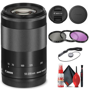 Canon EF-M 55-200mm f/4.5-6.3 IS STM Lens Black 9517B002 + Filter Kit Base Bundle