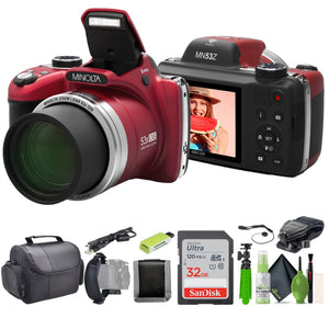 Minolta Pro Shot MN53Z 16 MP HD Digital Camera with 53x Zoom, 1080p HD Video Bundle Red Minolta