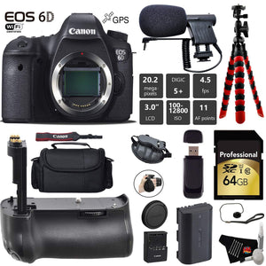 Canon EOS 6D DSLR Camera Body Only + Professional Battery Grip + Condenser Microphone + Case + Wrist Strap + Tripod + Canon