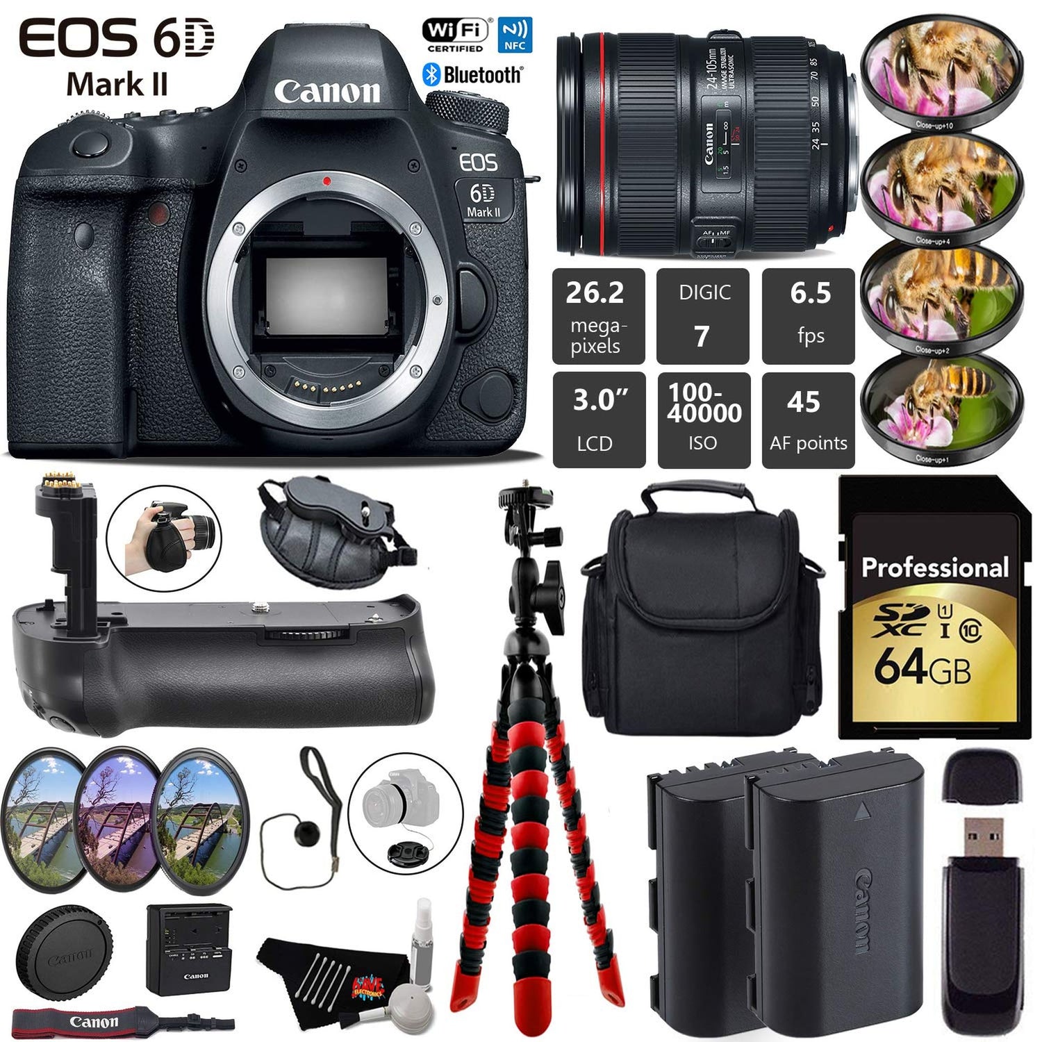 Canon EOS 6D Mark II DSLR Camera with 24-105mm f/4L II Lens + Professional Battery Grip + 4PC Macro Filter Kit + LED Kit Pro Bundle