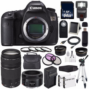 Canon EOS 5DS DSLR Camera International Model 0581C002 + Canon EF 75-300 III+ EF 50mm f/1.8 STM Lens + LP-E6 Replacement Battery + Charger + 64GB SDXC Card Bundle - Used Canon