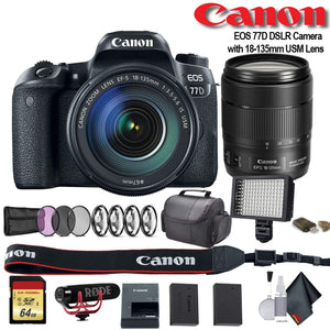 Canon EOS 77D DSLR Camera with 18-135mm USM Lens International Model 1892C002 W/Bag, Extra Battery, LED Light, Mic, Canon