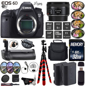 Canon EOS 6D DSLR Camera with 50mm f/1.8 STM Lens + Professional Battery Grip + 4PC Macro Filter Kit + LED Kit + Extra B Canon