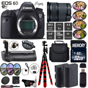 Canon EOS 6D DSLR Camera with 24-105mm is STM Lens + Professional Battery Grip + 4PC Macro Filter Kit + LED Kit + Extra Canon