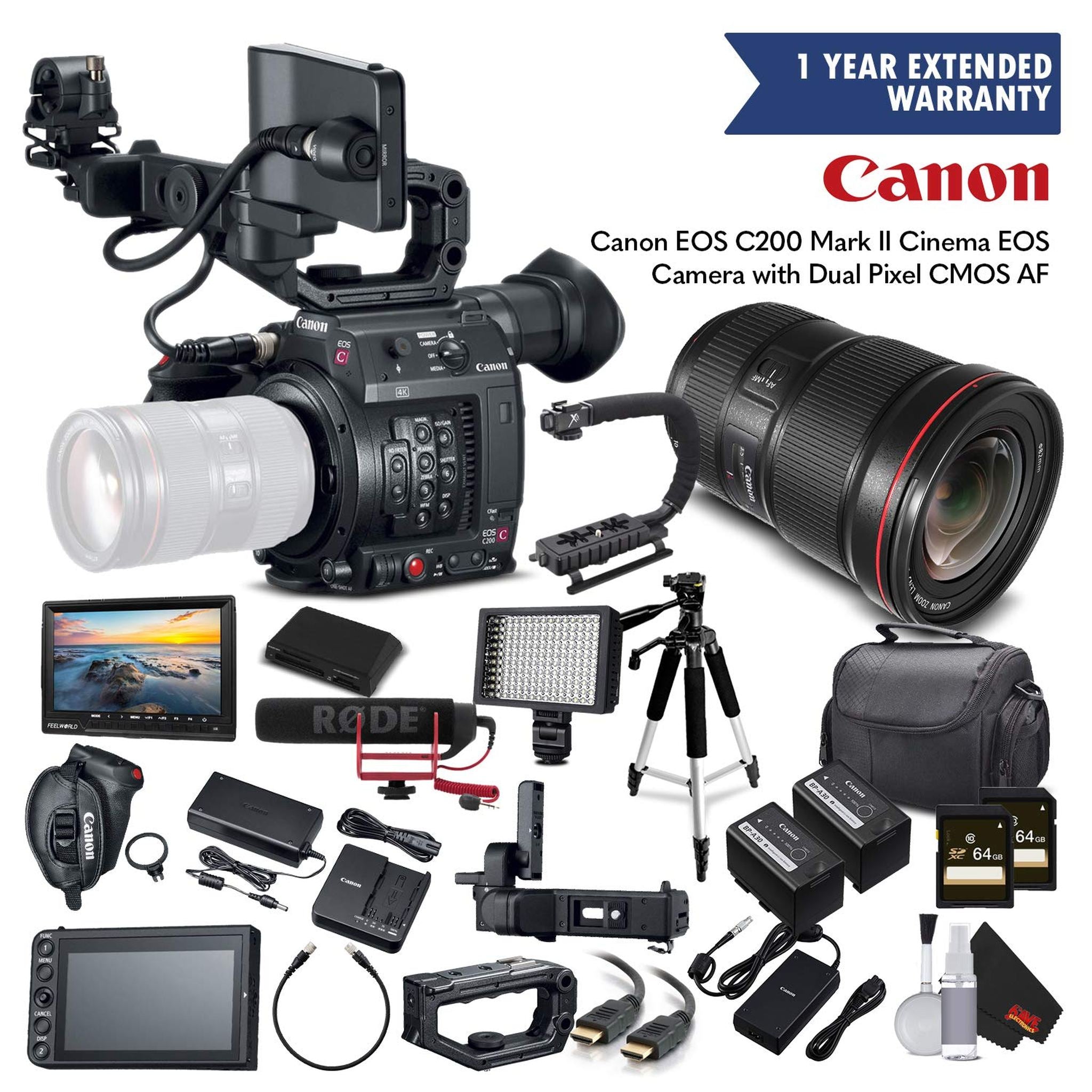 Canon EOS C200 Cinema Camera 2215C002 & 16-35mm f/2.8L II USM Lens with 2 Memory Cards, 2 Extra Batteries, Mic, Case, Le