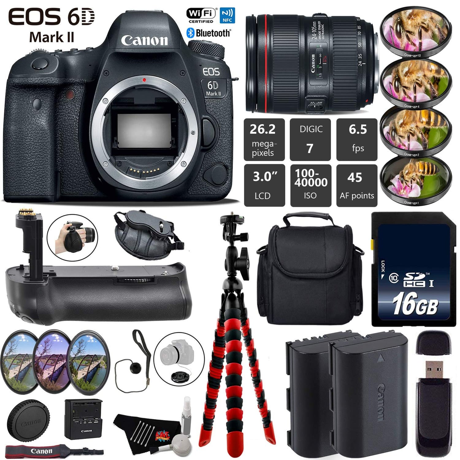 Canon EOS 6D Mark II DSLR Camera with 24-105mm f/4L II Lens + Professional Battery Grip + 4PC Macro Filter Kit + LED Kit Base Bundle