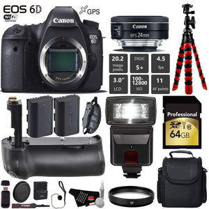 Canon EOS 6D DSLR Camera with 24mm f/2.8 STM Lens + Professional Battery Grip + UV Protection Filter + Flash + Extra Bat Canon