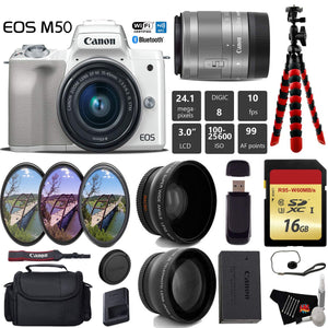 Canon EOS M50 Mirrorless Digital Camera White with 15-45mm Lens + UV FLD CPL Filter Kit + Wide Angle & Telephoto Lens
