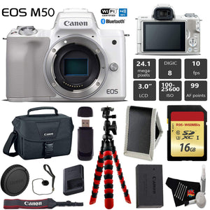 Canon EOS M50 Mirrorless Digital Camera White, Body Only + 16GB Class 10 Memory Card + Canon Camera Case + Flexible Tr