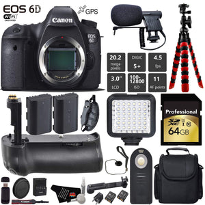 Canon EOS 6D DSLR Camera Body Only + Professional Battery Grip + Condenser Microphone + LED Kit + Extra Battery + Case Canon