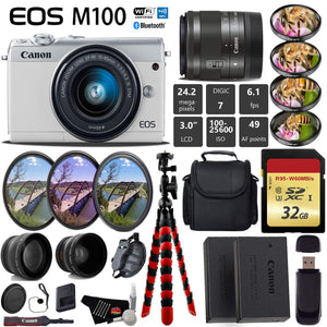 Canon EOS M100 Mirrorless Digital Camera White with 15-45mm Lens Wide Angle Lens Bundle