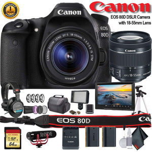 Canon EOS 80D DSLR Camera with 18-55mm Lens International Model 1263C005 W/Bag, Extra Battery, LED Light, Mic, Filte - Reconditioned Canon
