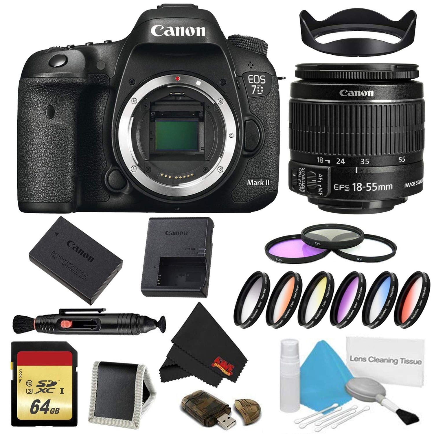 Canon EOS 7D Mark II DSLR Camera Body Only 9 Piece Filter Bundle w/Memory & 18-55mm Lens (International Model)