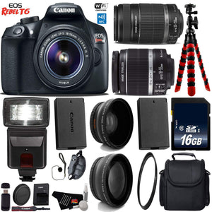 Canon EOS Rebel T6 DSLR Camera with 18-55mm is Lens & 55-250mm is II Lens + Flash + UV FLD CPL Filter Kit + Wide Angle & Canon