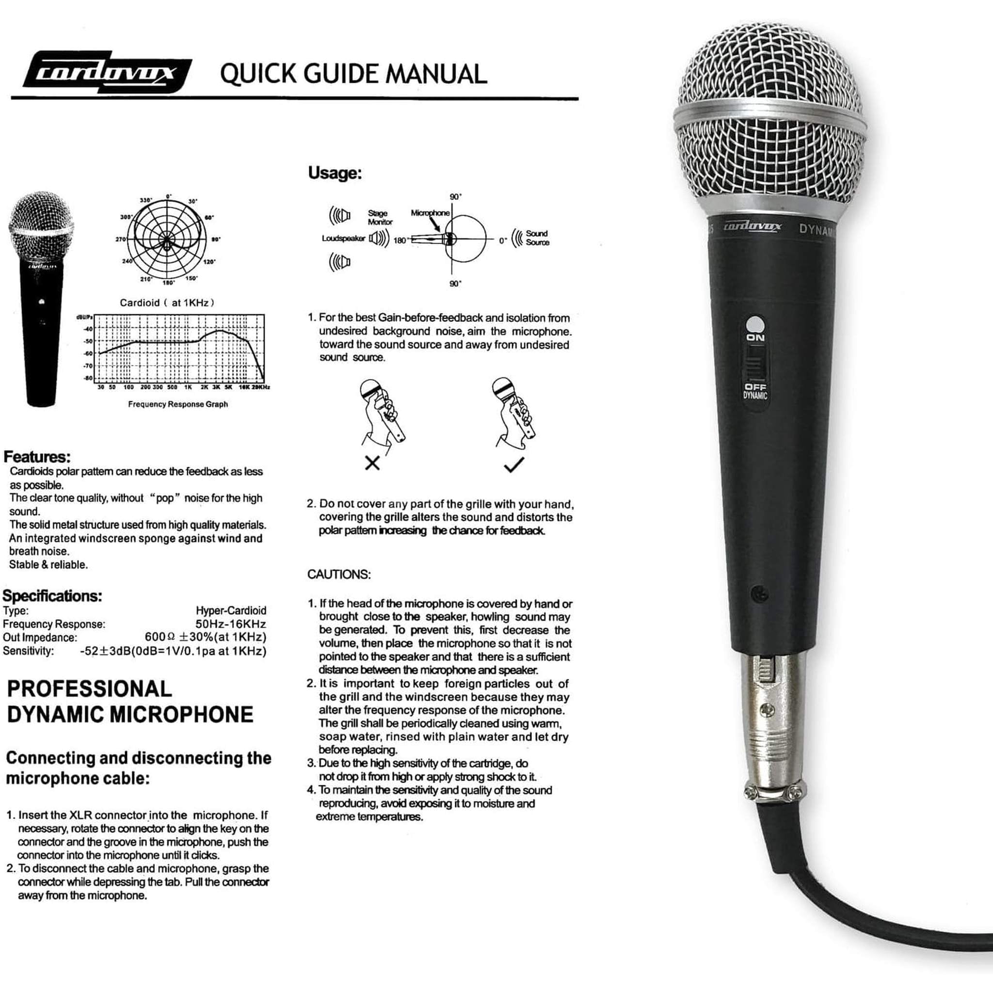 Dynamic Microphone Compatible With Interface. Set Comes With Cable & Case. Hyper Cardioid Mic With Tone Quality And On Off Switch Cordovox