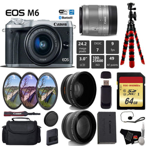 Canon EOS M6 Mirrorless Digital Camera Silver with EF-M 15-45mm is STM Lens + UV FLD CPL Filter Kit + Wide Angle & Tel Canon