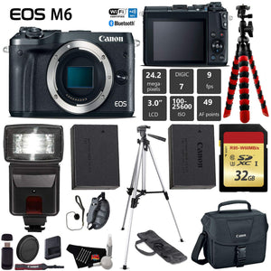 Canon EOS M6 Mirrorless Digital Camera Black, Body Only + 32GB Class 10 Memory Card + Flash + Canon Camera Case + Flex Canon