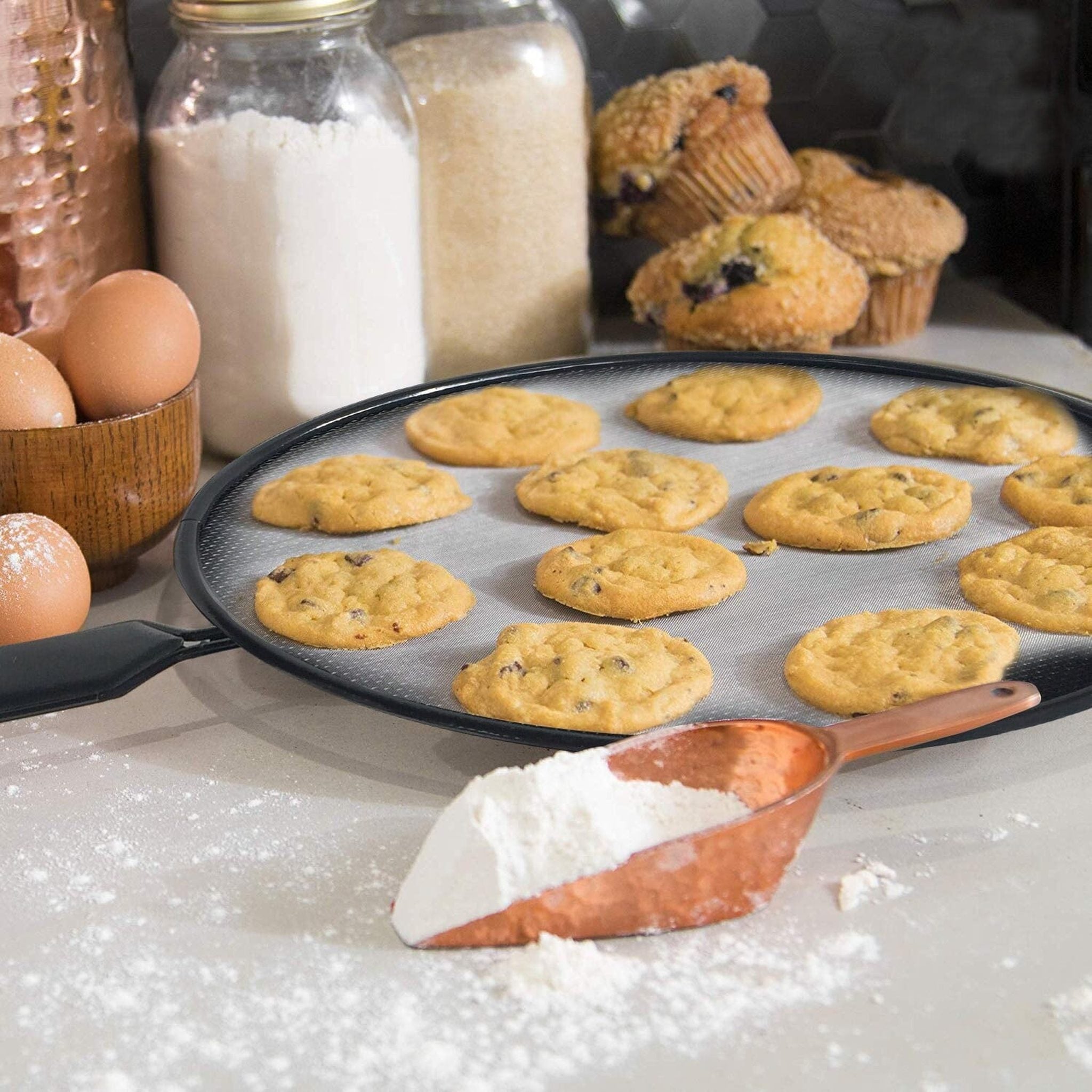 Bene Casa - Fine Mesh Chrome Splatter Shields with Cool Touch Handles and Hanging Loop Handle- 3 Piece Set 8",10", and 12" - Dishwasher Safe Bene Casa