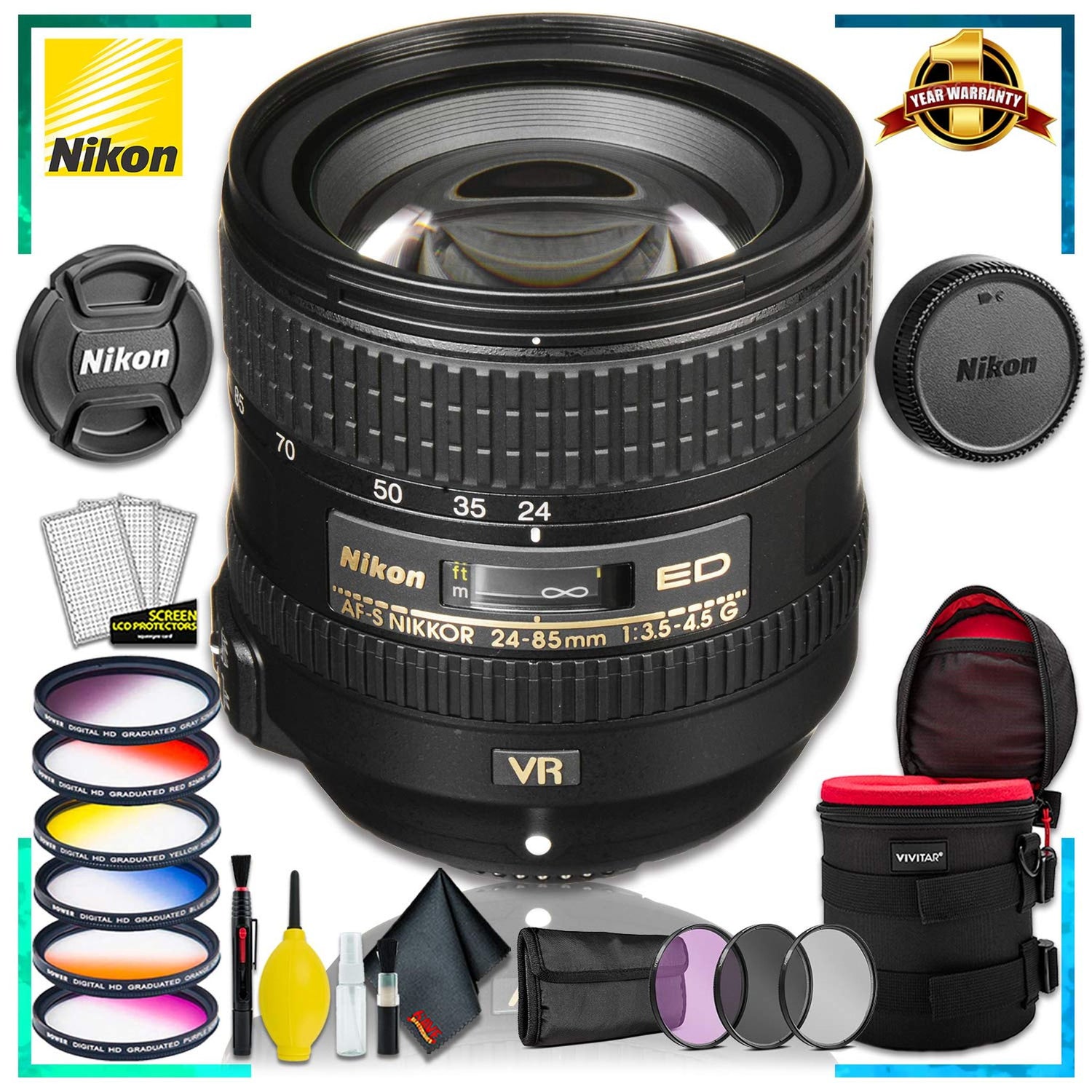 Nikon AF-S NIKKOR 24-85mm f/3.5-4.5G ED VR Lens + 4.5 inch Vivitar Premium Lens Case + Vivitar Graduated Color Filter Kit + 3pcs UV Lens Filter Kit + Cleaning Kit