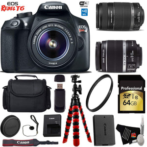 Canon EOS Rebel T6 DSLR Camera with 18-55mm is Lens & 55-250mm is II Lens + Flexible Tripod + UV Protection Filter + Pro Canon