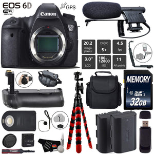 Canon EOS 6D DSLR Camera Body Only + Professional Battery Grip + Condenser Microphone + Extra Battery + Case + Wrist S Canon