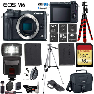 Canon EOS M6 Mirrorless Digital Camera Black, Body Only + 16GB Class 10 Memory Card + Flash + Canon Camera Case + Flex Canon