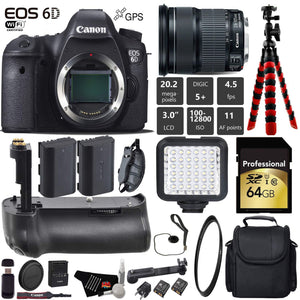 Canon EOS 6D DSLR Camera with 24-105mm is STM Lens + Professional Battery Grip + UV Protection Filter + LED Kit + Extra Canon