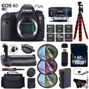 Canon EOS 6D DSLR Camera with 24mm f/2.8 STM Lens + Professional Battery Grip + UV FLD CPL Filter Kit + Case + Wrist Str Canon