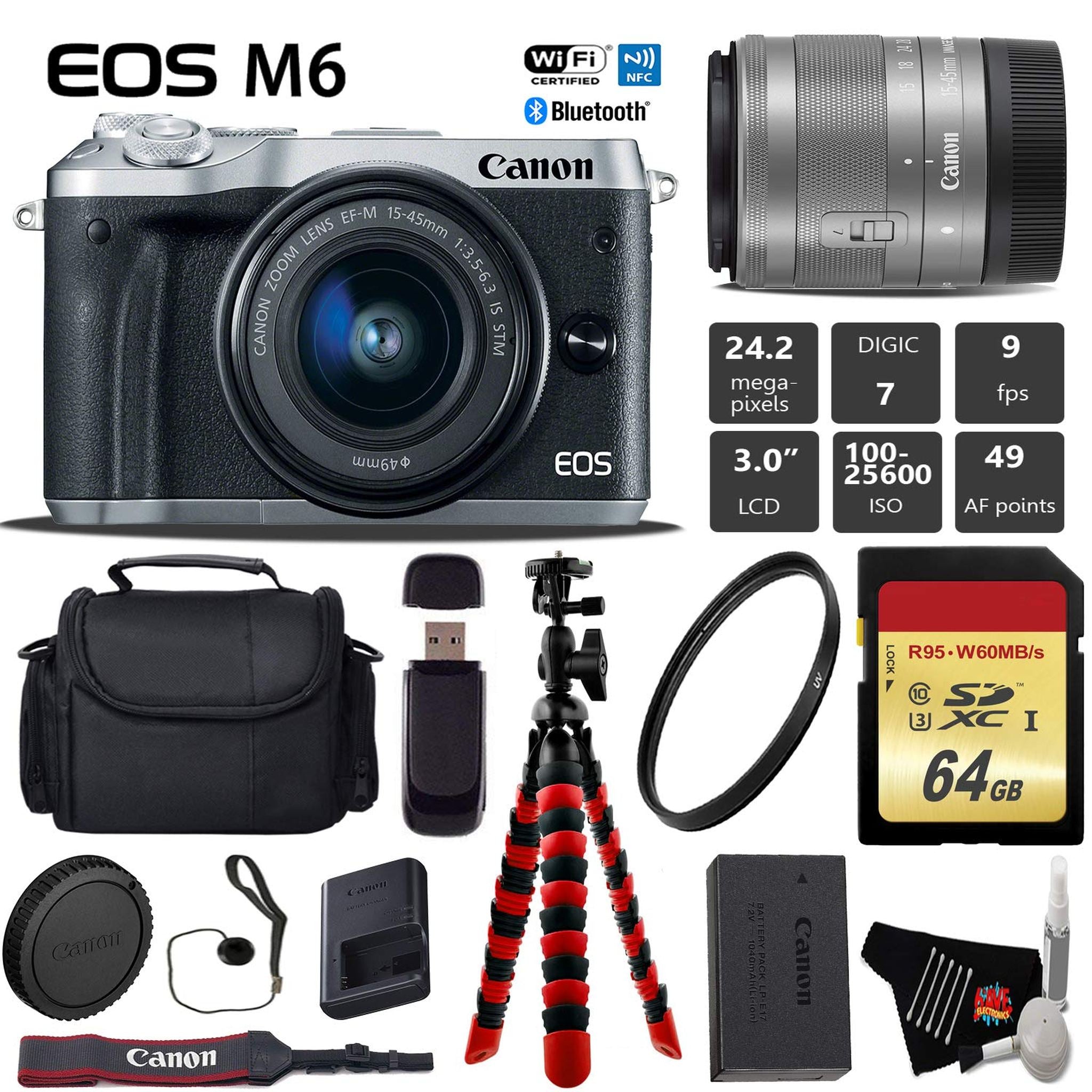 Canon EOS M6 Mirrorless Digital Camera Silver with EF-M 15-45mm is STM Lens + Flexible Tripod + UV Protection Filter + Canon
