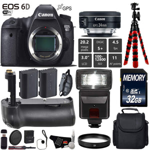 Canon EOS 6D DSLR Camera with 24mm f/2.8 STM Lens + Professional Battery Grip + UV Protection Filter + Flash + Extra Bat Canon