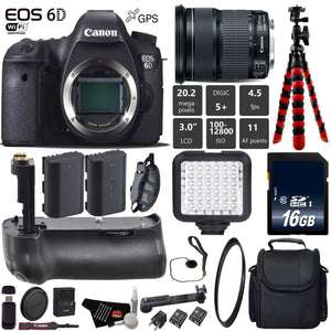 Canon EOS 6D DSLR Camera with 24-105mm is STM Lens + Professional Battery Grip + UV Protection Filter + LED Kit + Extra Canon