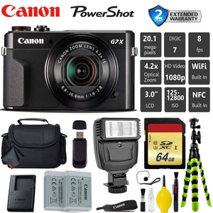 Canon PowerShot G7 X Mark II Point and Shoot Digital Camera + Extra Battery + Digital Flash + Camera Case + 64GB Class 1 Card Professional Bundle