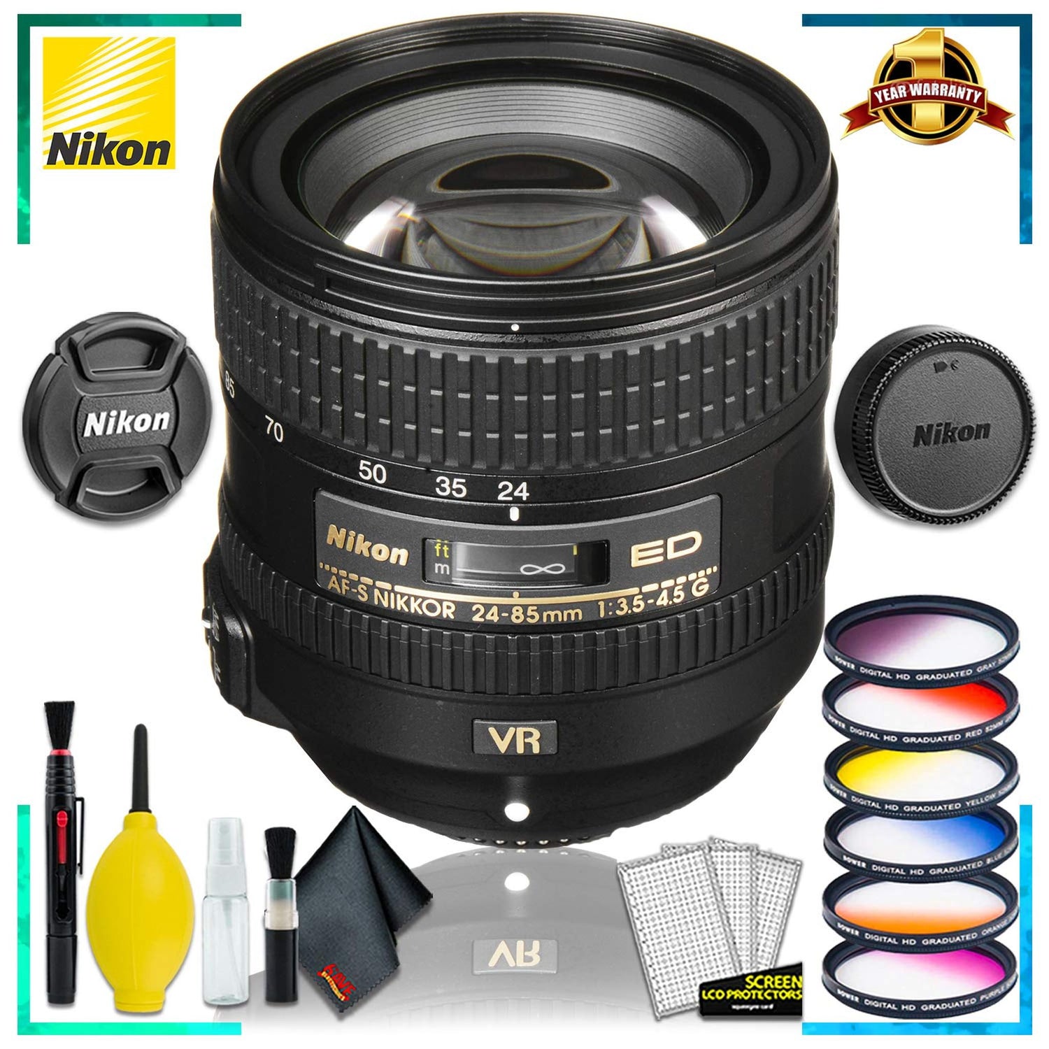 Nikon AF-S NIKKOR 24-85mm f/3.5-4.5G ED VR Lens + Vivitar Graduated Color Filter Kit + Cleaning Kit