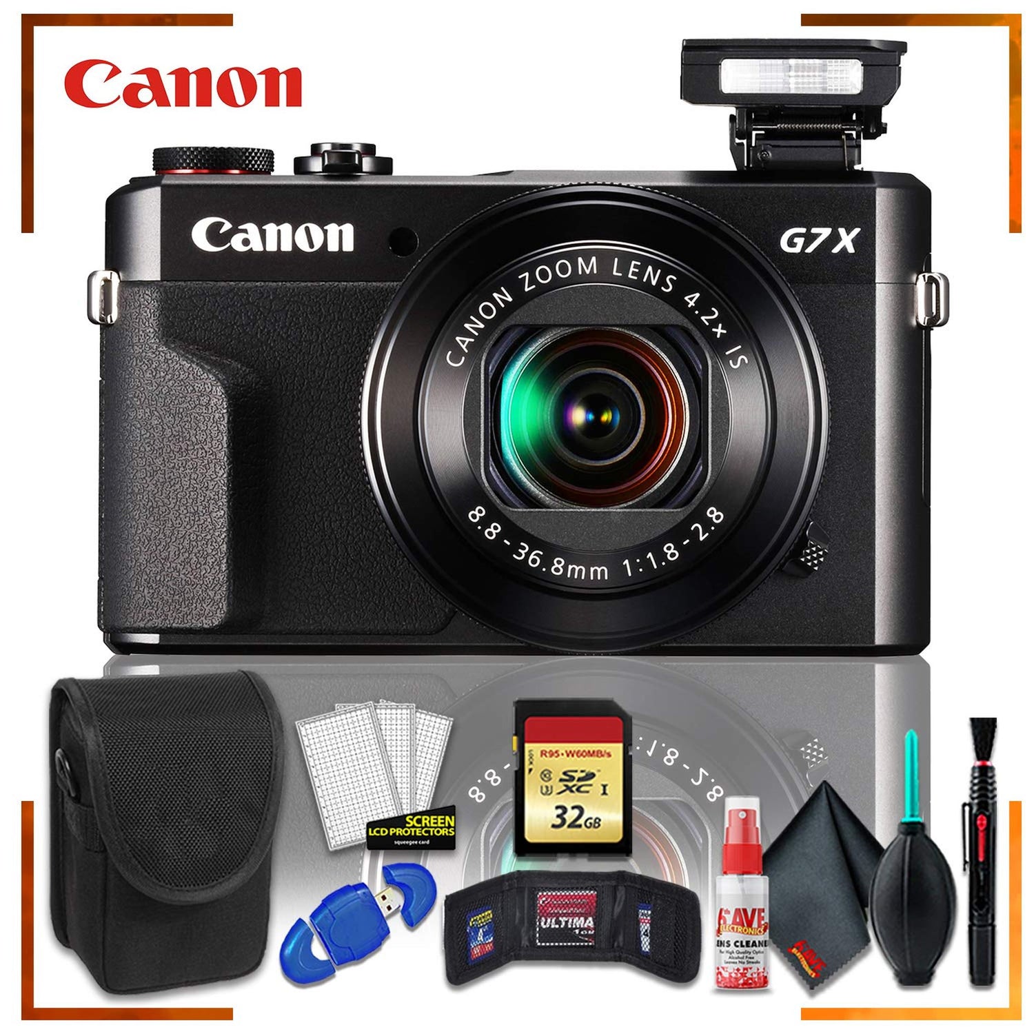 Canon PowerShot G7 X Mark II Digital Camera (Intl Model) + 32gb Memory SD Card Bundle + Camera Case + Cleaning Kit