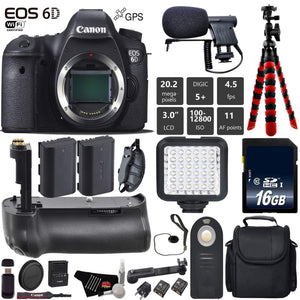 Canon EOS 6D DSLR Camera Body Only + Professional Battery Grip + Condenser Microphone + LED Kit + Extra Battery + Case Canon
