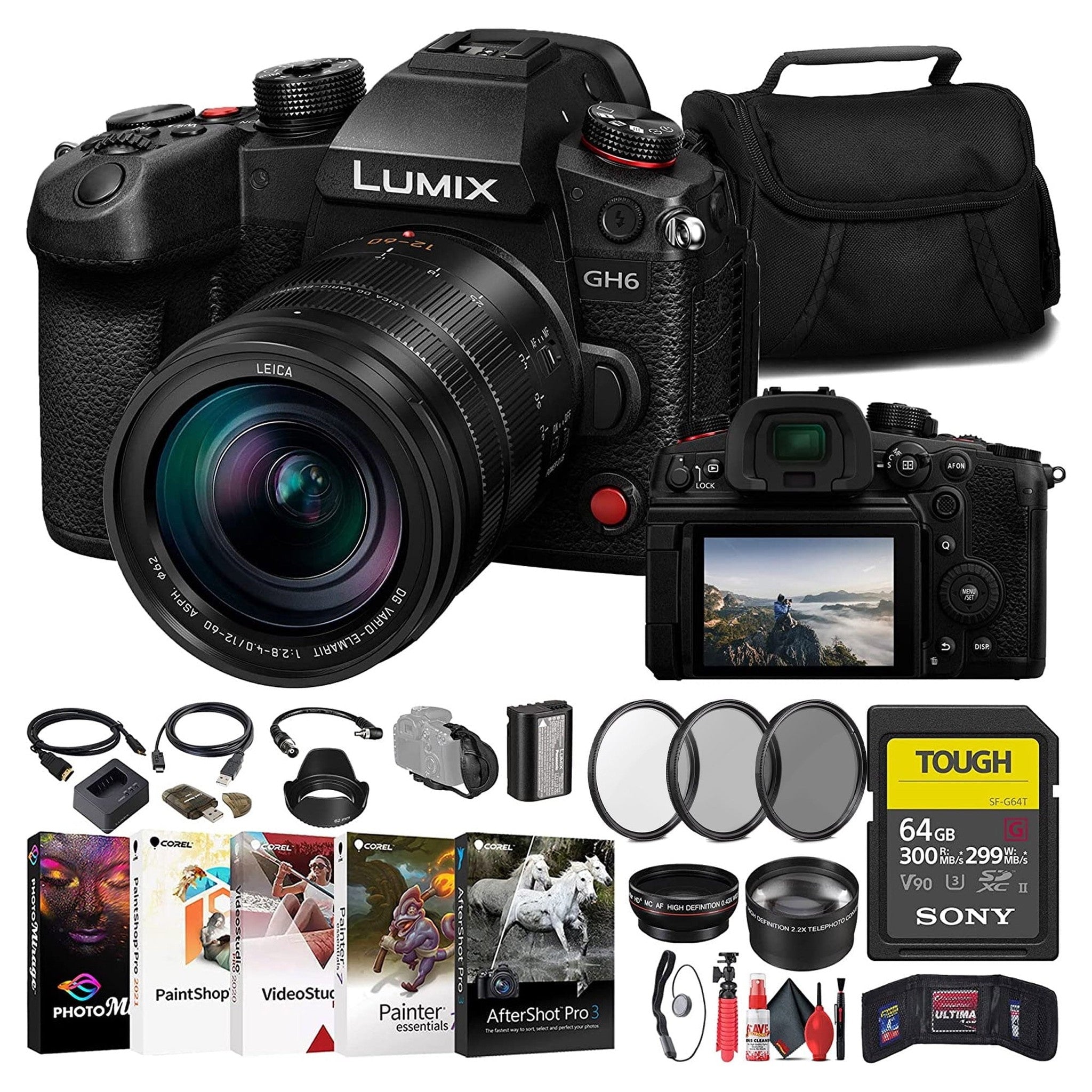 Panasonic Lumix GH6 Mirrorless Camera W/ 12-60mm f/2.8-4 Lens + 64GB Card + More Panasonic