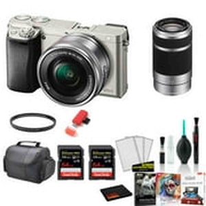 Sony Alpha a6000 Mirrorless Digital Camera with 16-50mm + 55-210mm Lenses SILVER with 2x 64GB Memory Card -International Model Bundle Sony