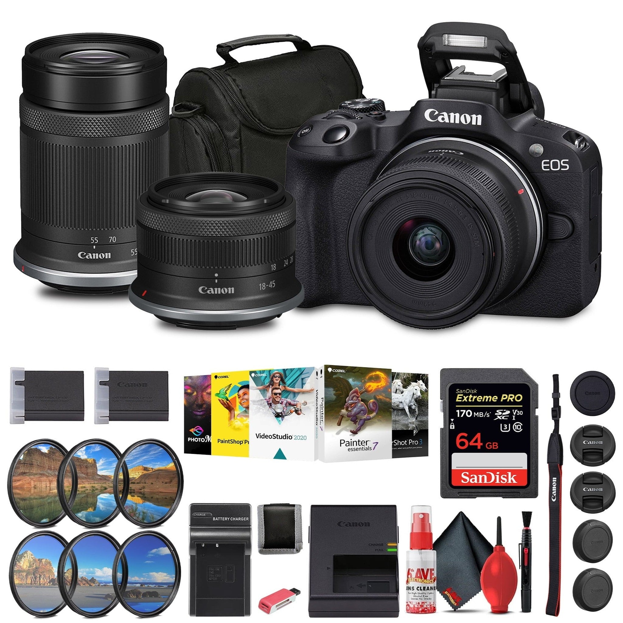 Canon EOS R50 Mirrorless Camera with 18-45mm and 55-210mm Lenses+ 64GB Card + Bag + Charger + More Canon
