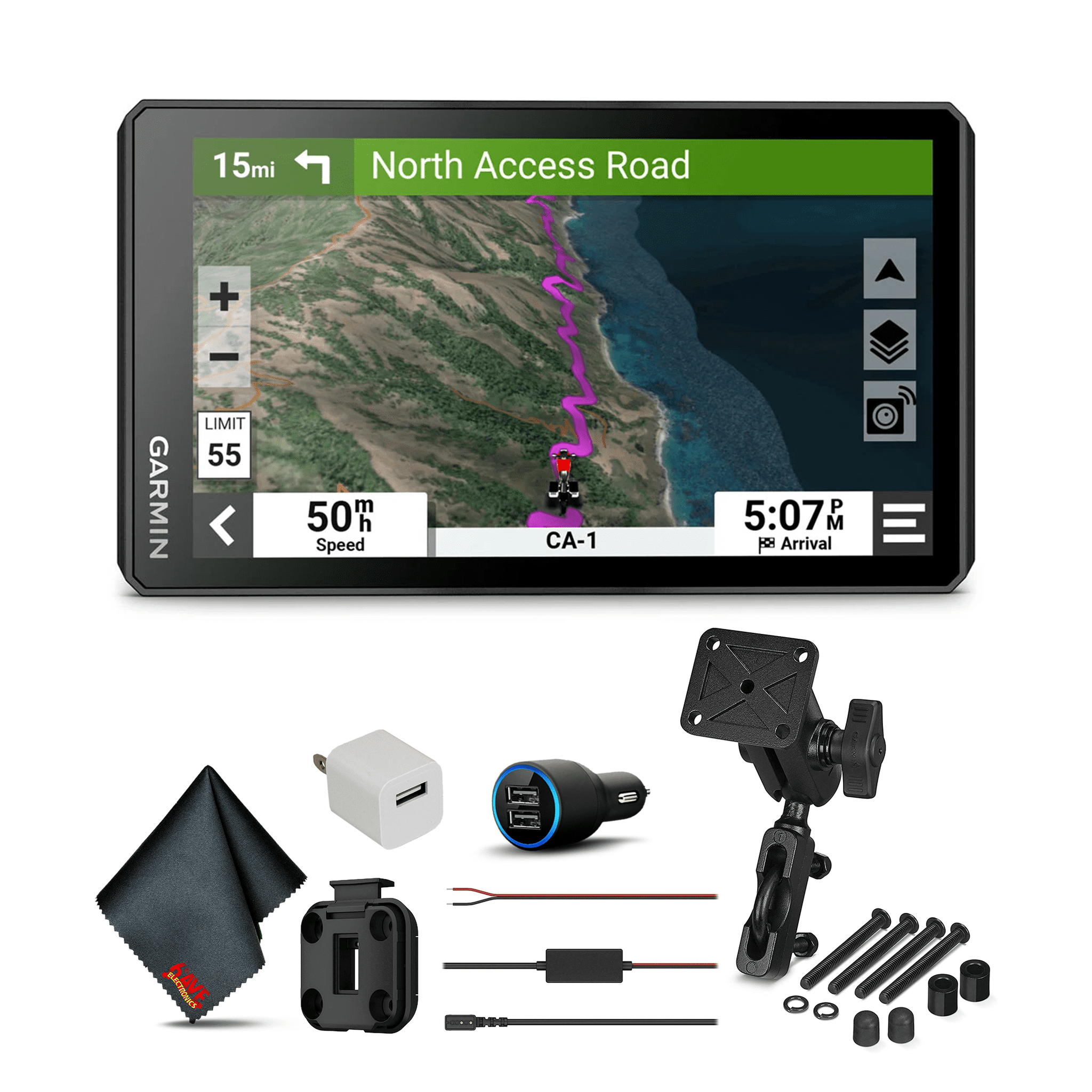 Garmin Zumo XT2 MT-S with USB Car and Wall Adapters and 6Ave Cleaning Cloth Garmin